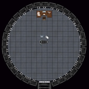 Circular laboratore surrounded by cages with arms reaching out.